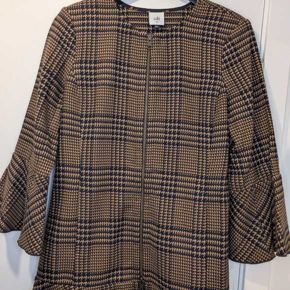 CAbi Tartan Flounce Jacket Tan Navy Ruffle Zipper Longline - Women's sz S /M - Picture 2 of 7